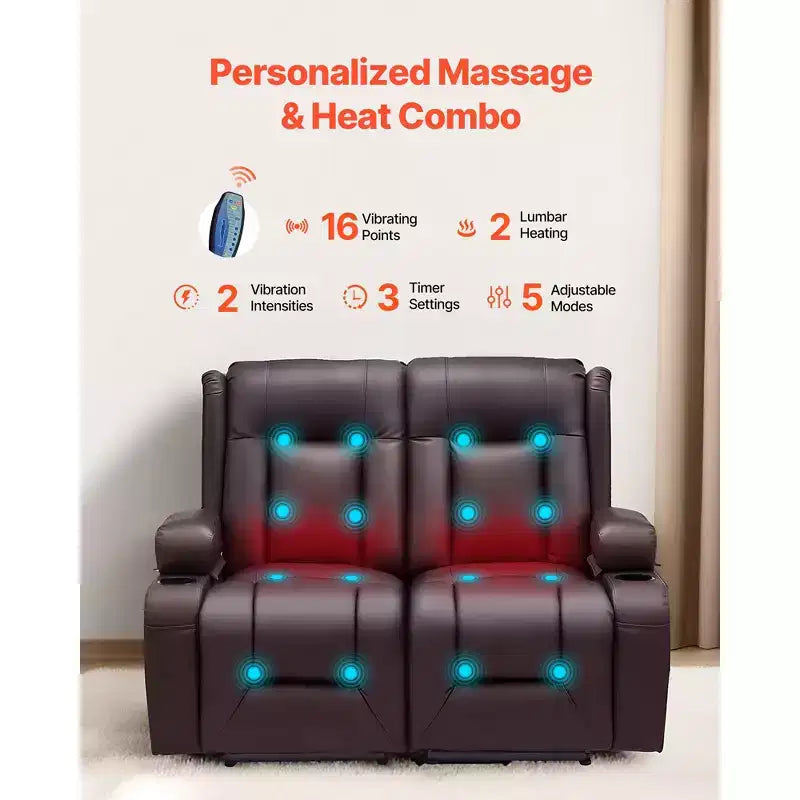 VEVOR Loveseat Recliner Sofa, Power Reclining Couch with Heating & Massage and Timer, PU Leather Electric Recliner Sofa with USB Ports, Brown