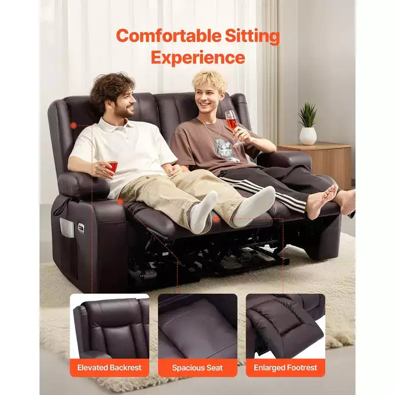 VEVOR Loveseat Recliner Sofa, Power Reclining Couch with Heating & Massage and Timer, PU Leather Electric Recliner Sofa with USB Ports, Brown