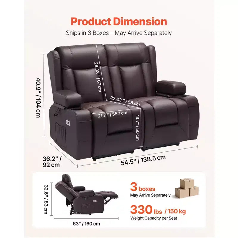 VEVOR Loveseat Recliner Sofa, Power Reclining Couch with Heating & Massage and Timer, PU Leather Electric Recliner Sofa with USB Ports, Brown