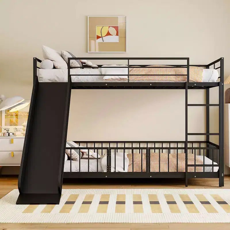MAYEERTY Full Over Full Metal Bunk Bed, Slide Guardrails, Kids Bedroom, White