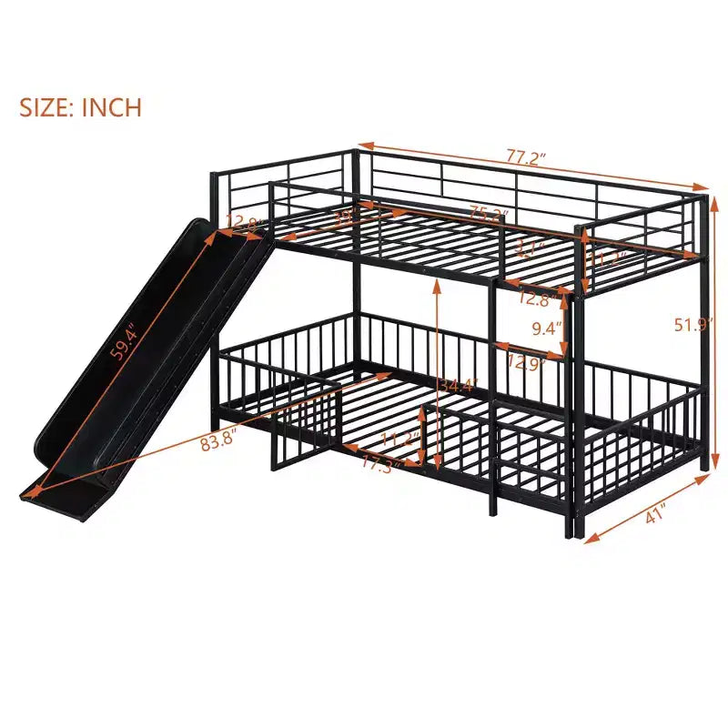 MAYEERTY Full Over Full Metal Bunk Bed, Slide Guardrails, Kids Bedroom, White