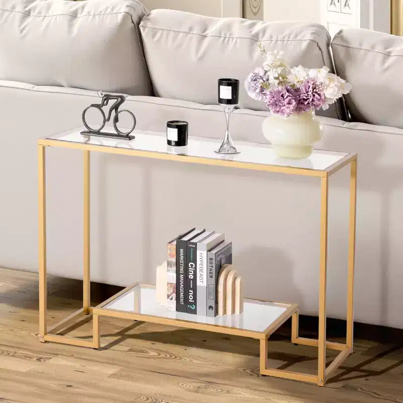VEVOR 2-Tier Glass Console Table, Modern Rectangle Sofa Side Table with Tempered Glass Top and Iron Legs, Golden Consloe Desk, Golden