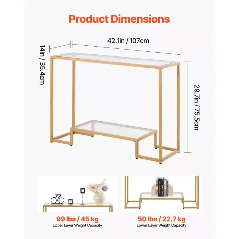 VEVOR 2-Tier Glass Console Table, Modern Rectangle Sofa Side Table with Tempered Glass Top and Iron Legs, Golden Consloe Desk, Golden