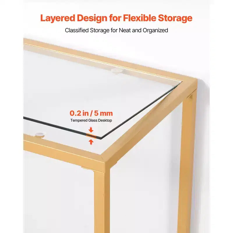 VEVOR 2-Tier Glass Console Table, Modern Rectangle Sofa Side Table with Tempered Glass Top and Iron Legs, Golden Consloe Desk, Golden