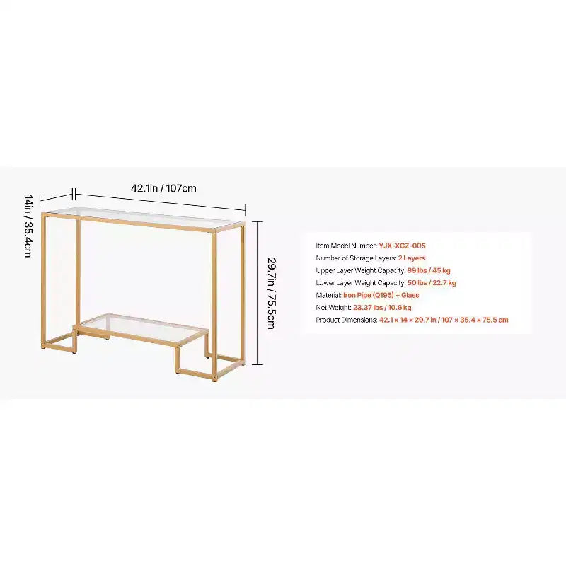 VEVOR 2-Tier Glass Console Table, Modern Rectangle Sofa Side Table with Tempered Glass Top and Iron Legs, Golden Consloe Desk, Golden