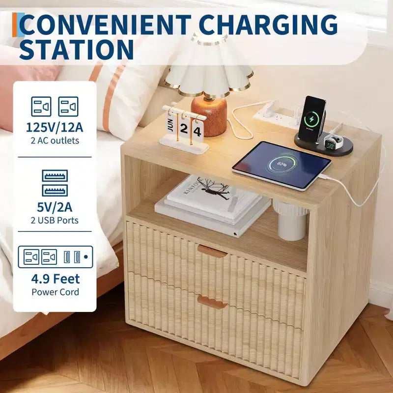 Fluted Farmhouse Nightstand Set of 2 - 23 Mid-Century Modern End Tables with Charging Station (2 Drawers, Wood) for Bedroom/Home Office