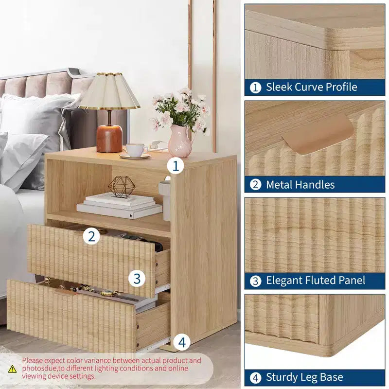 Fluted Farmhouse Nightstand Set of 2 - 23 Mid-Century Modern End Tables with Charging Station (2 Drawers, Wood) for Bedroom/Home Office