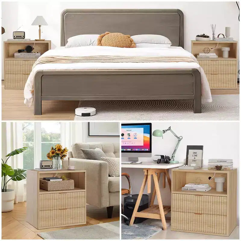 Fluted Farmhouse Nightstand Set of 2 - 23 Mid-Century Modern End Tables with Charging Station (2 Drawers, Wood) for Bedroom/Home Office