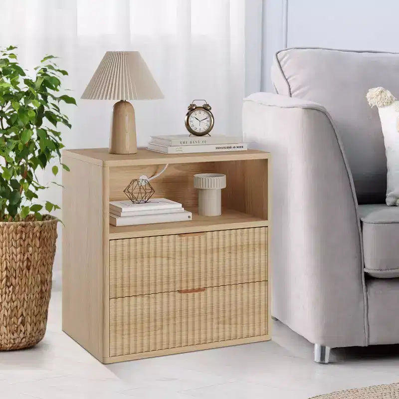 Fluted Farmhouse Nightstand Set of 2 - 23 Mid-Century Modern End Tables with Charging Station (2 Drawers, Wood) for Bedroom/Home Office