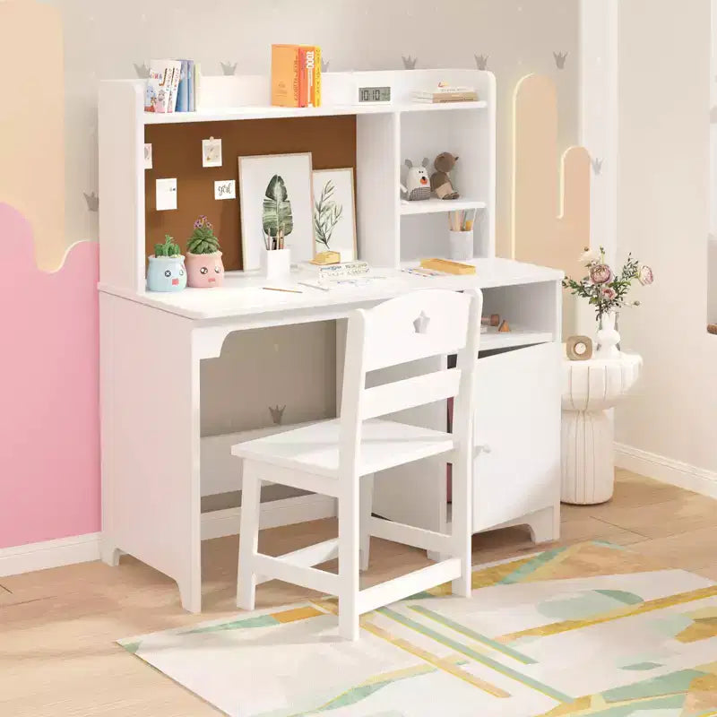 Kids Study Desk & Chair Set, Ergonomic Children's Learning Table with Bookshelf and Organizer, Engineered Wood, Gift for Boys Girls Ages 3-8, Pink