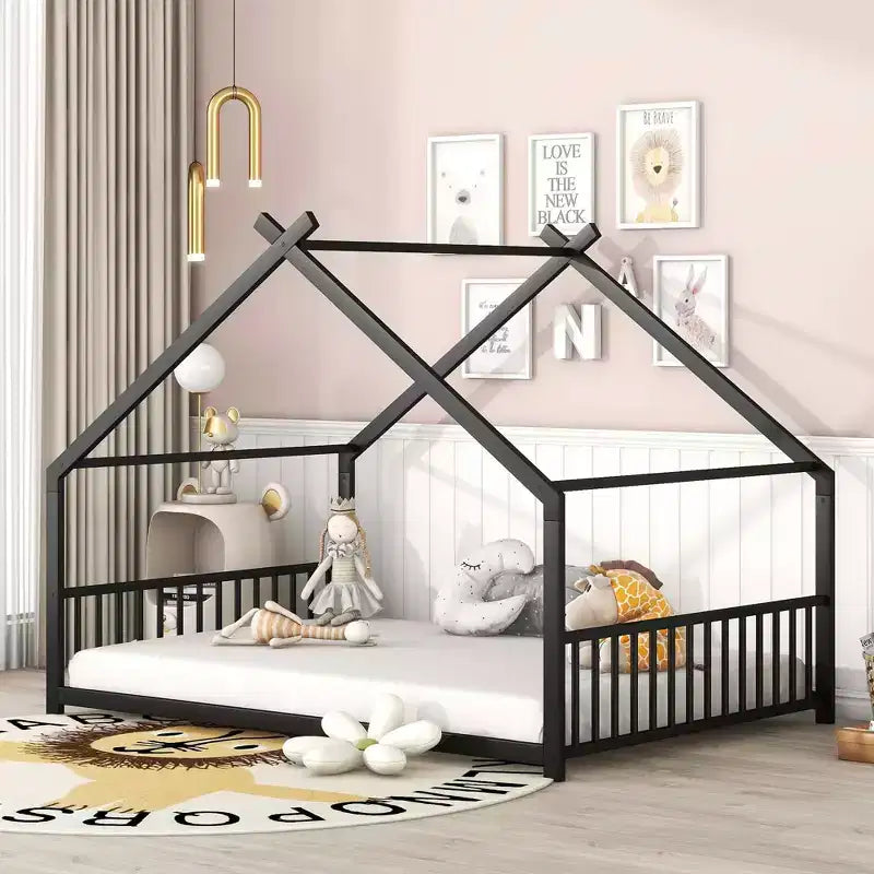 MAYEERTY Metal Kids House Bed with Roof Playhouse Design Sturdy Platform Bed with Slats Easy Assembly