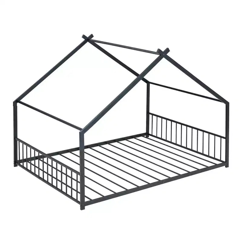 MAYEERTY Metal Kids House Bed with Roof Playhouse Design Sturdy Platform Bed with Slats Easy Assembly