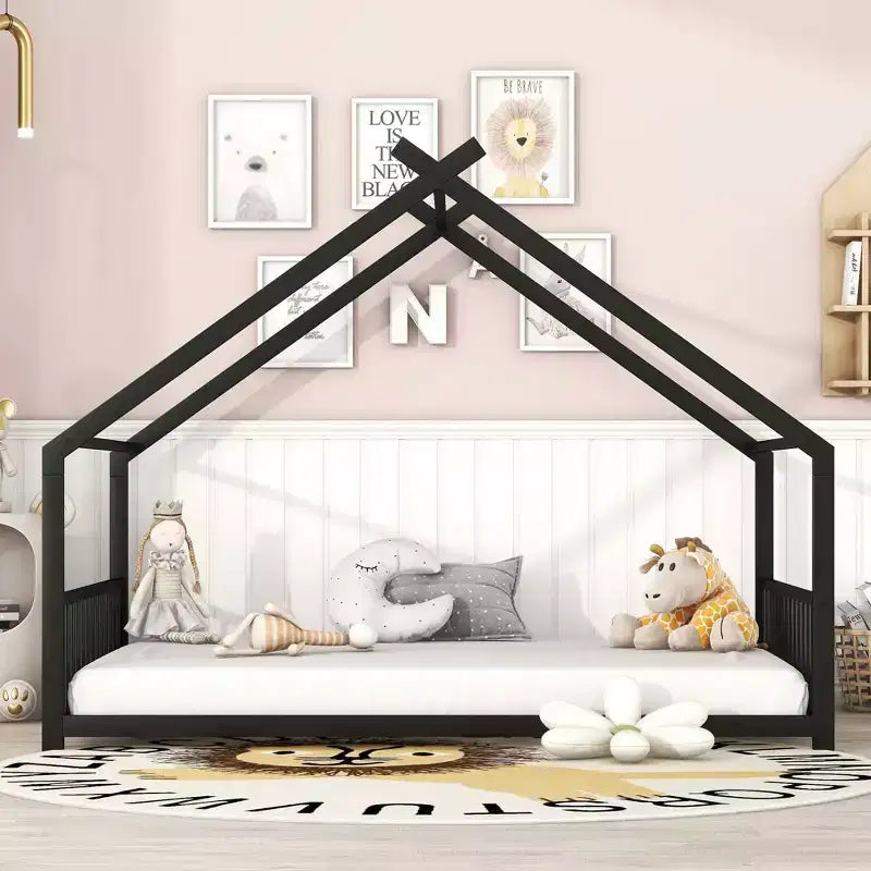 MAYEERTY Metal Kids House Bed with Roof Playhouse Design Sturdy Platform Bed with Slats Easy Assembly