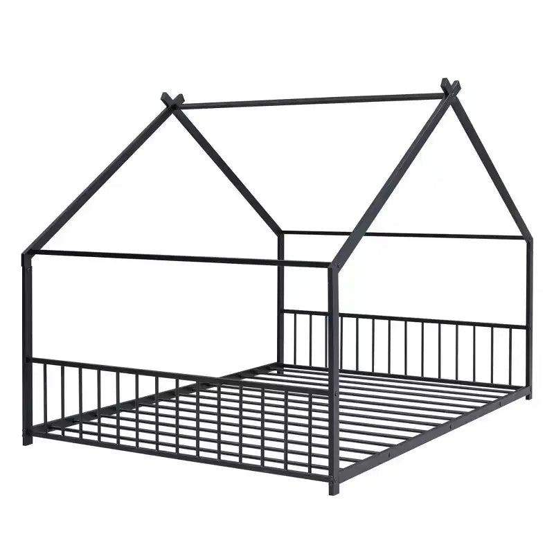 MAYEERTY Metal Kids House Bed with Roof Playhouse Design Sturdy Platform Bed with Slats Easy Assembly