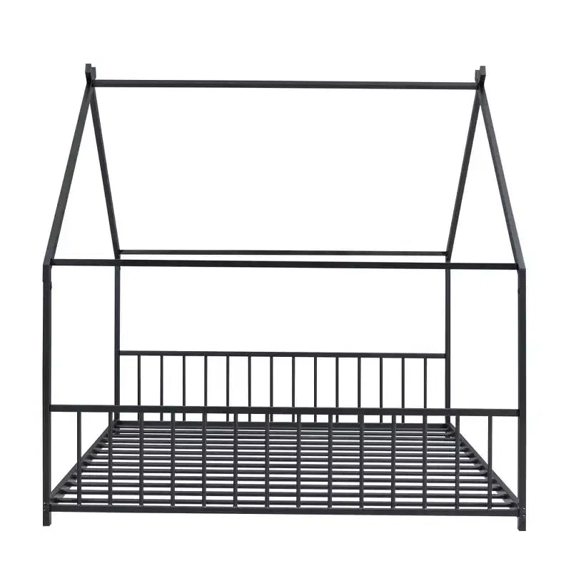 MAYEERTY Metal Kids House Bed with Roof Playhouse Design Sturdy Platform Bed with Slats Easy Assembly