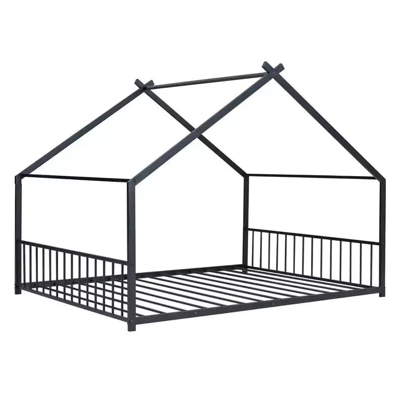 MAYEERTY Metal Kids House Bed with Roof Playhouse Design Sturdy Platform Bed with Slats Easy Assembly
