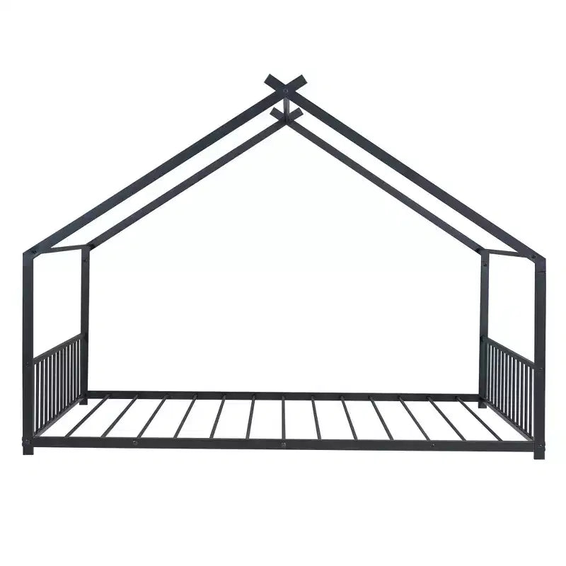 MAYEERTY Metal Kids House Bed with Roof Playhouse Design Sturdy Platform Bed with Slats Easy Assembly