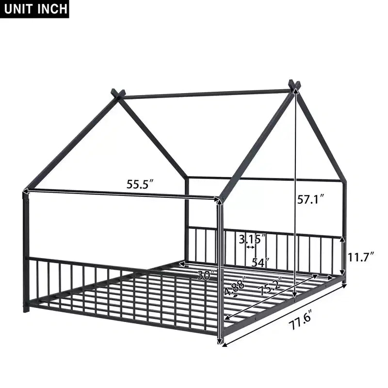 MAYEERTY Metal Kids House Bed with Roof Playhouse Design Sturdy Platform Bed with Slats Easy Assembly