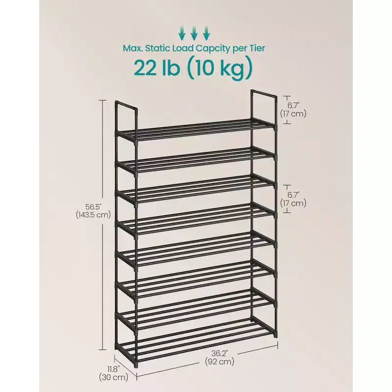 8-Tier Stackable Shoe Rack, 36.2 Inch Metal Shoe Organizer with 22 lb per Tier Capacity, Upright & Reversible for Entryway, Black