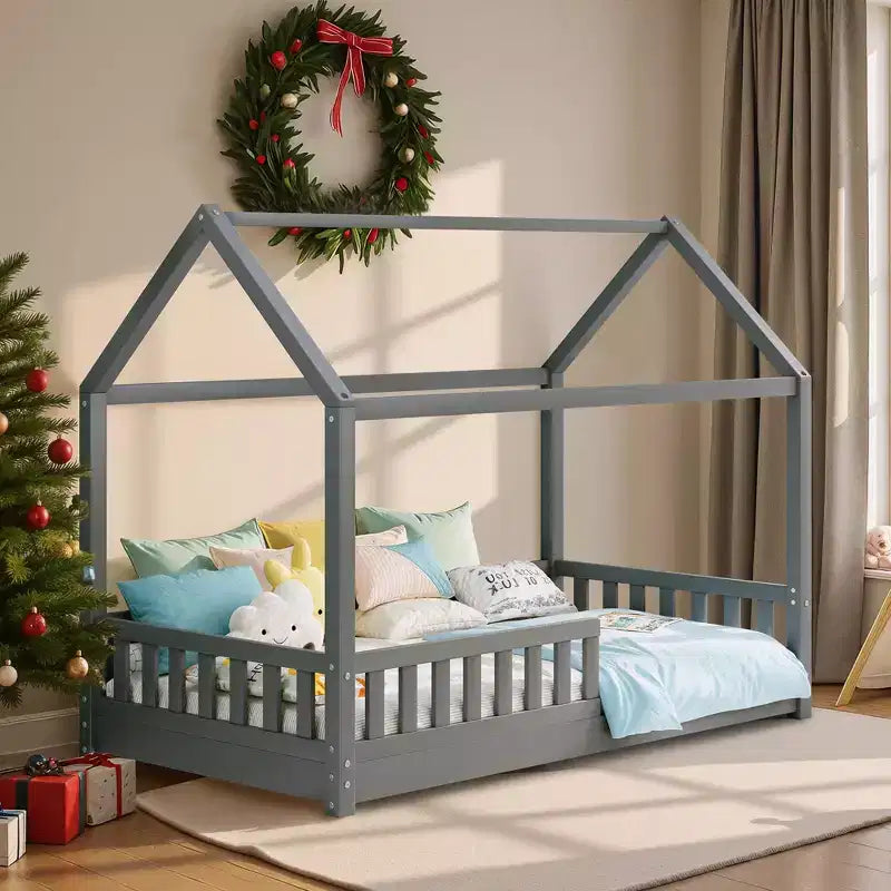 AMERLIFE Twin Size House Bed for Kids with Guardrails, Removable Rails, Playhouse Roof, Montessori Wooden Floor Bed Frame, Easy Assembly