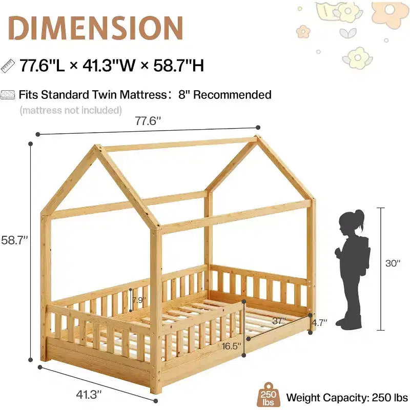 AMERLIFE Twin Size House Bed for Kids with Guardrails, Removable Rails, Playhouse Roof, Montessori Wooden Floor Bed Frame, Easy Assembly