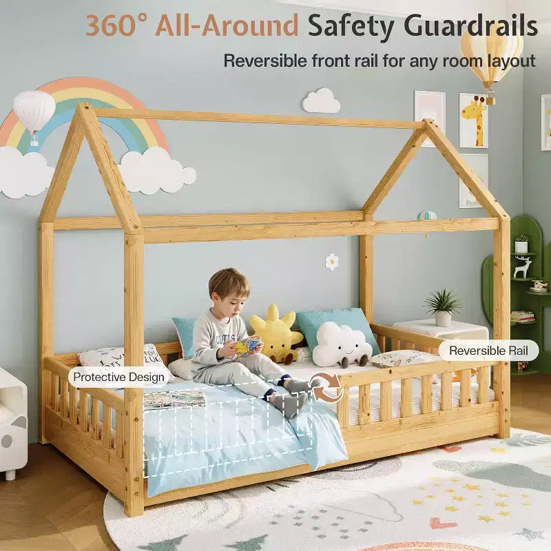 AMERLIFE Twin Size House Bed for Kids with Guardrails, Removable Rails, Playhouse Roof, Montessori Wooden Floor Bed Frame, Easy Assembly