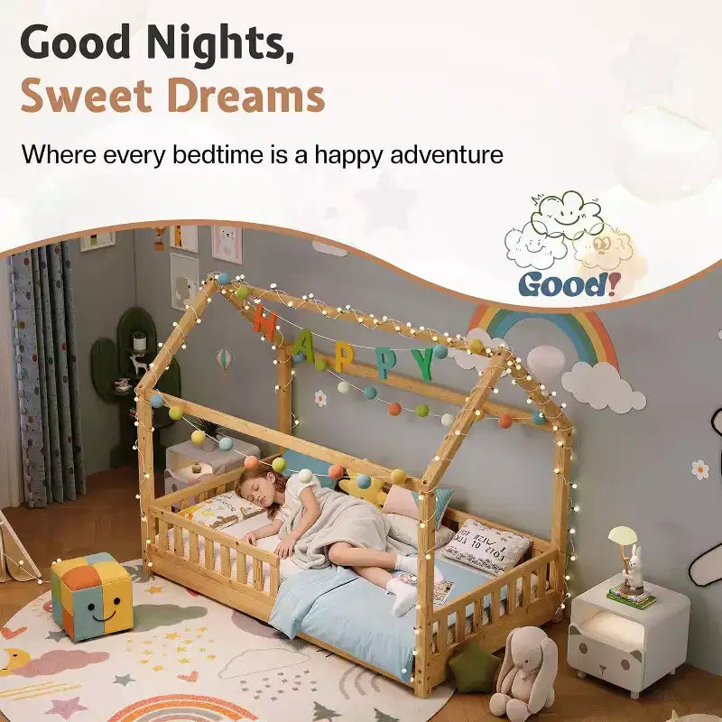 AMERLIFE Twin Size House Bed for Kids with Guardrails, Removable Rails, Playhouse Roof, Montessori Wooden Floor Bed Frame, Easy Assembly