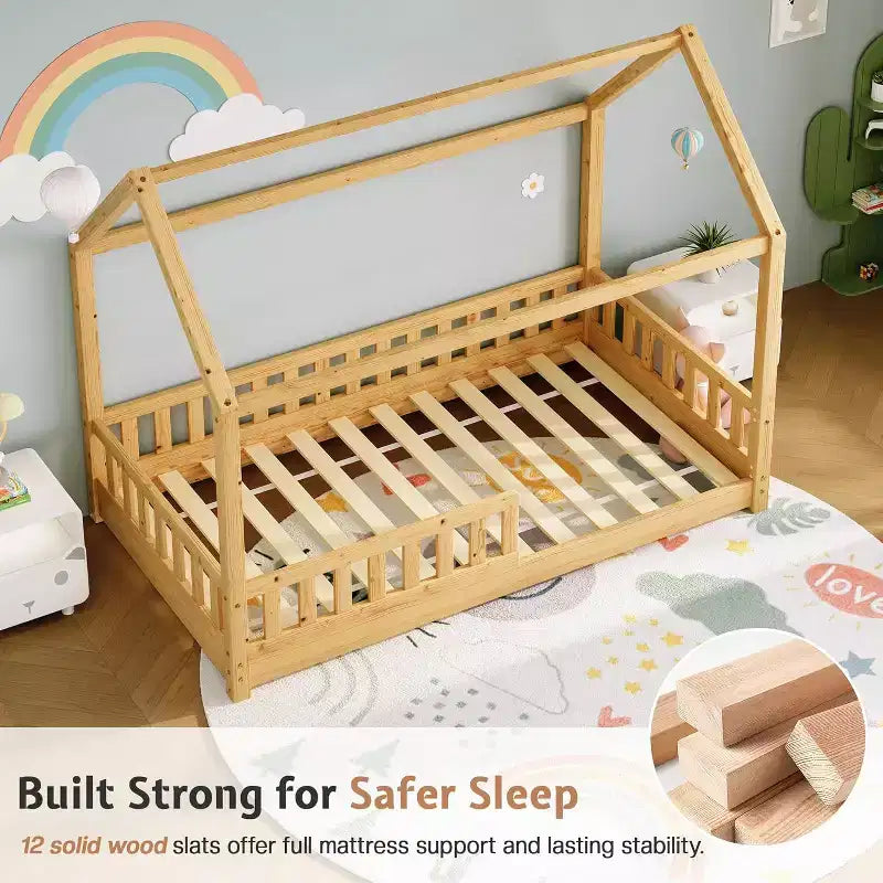 AMERLIFE Twin Size House Bed for Kids with Guardrails, Removable Rails, Playhouse Roof, Montessori Wooden Floor Bed Frame, Easy Assembly