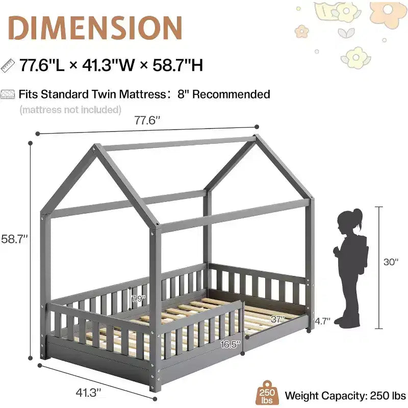 AMERLIFE Twin Size House Bed for Kids with Guardrails, Removable Rails, Playhouse Roof, Montessori Wooden Floor Bed Frame, Easy Assembly
