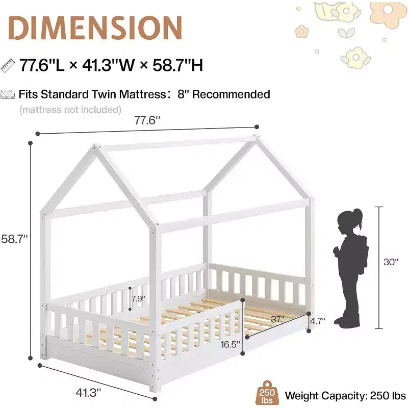 AMERLIFE Twin Size House Bed for Kids with Guardrails, Removable Rails, Playhouse Roof, Montessori Wooden Floor Bed Frame, Easy Assembly