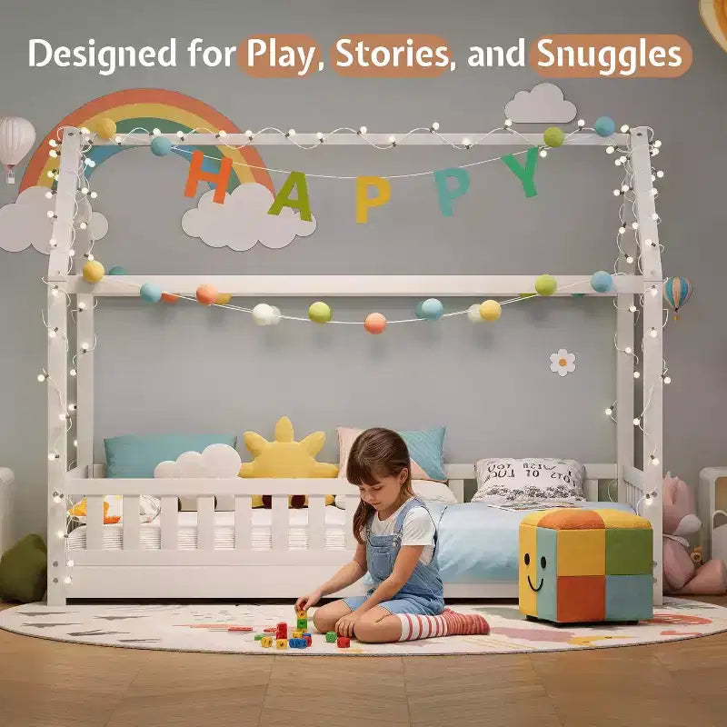 AMERLIFE Twin Size House Bed for Kids with Guardrails, Removable Rails, Playhouse Roof, Montessori Wooden Floor Bed Frame, Easy Assembly