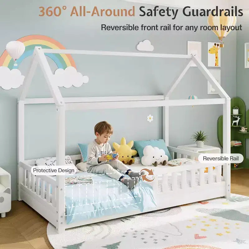 AMERLIFE Twin Size House Bed for Kids with Guardrails, Removable Rails, Playhouse Roof, Montessori Wooden Floor Bed Frame, Easy Assembly