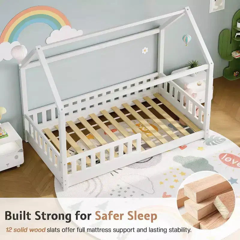 AMERLIFE Twin Size House Bed for Kids with Guardrails, Removable Rails, Playhouse Roof, Montessori Wooden Floor Bed Frame, Easy Assembly