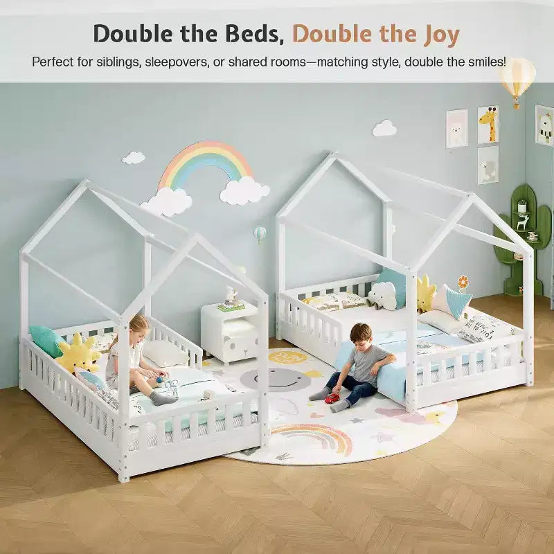 AMERLIFE Twin Size House Bed for Kids with Guardrails, Removable Rails, Playhouse Roof, Montessori Wooden Floor Bed Frame, Easy Assembly