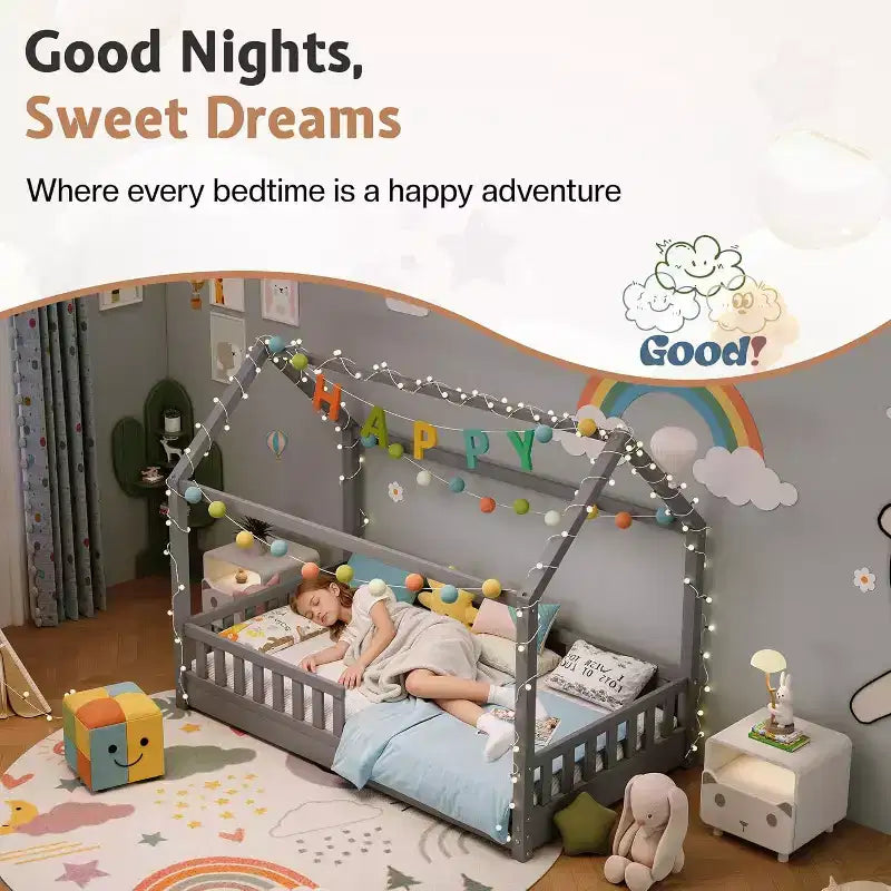 AMERLIFE Twin Size House Bed for Kids with Guardrails, Removable Rails, Playhouse Roof, Montessori Wooden Floor Bed Frame, Easy Assembly