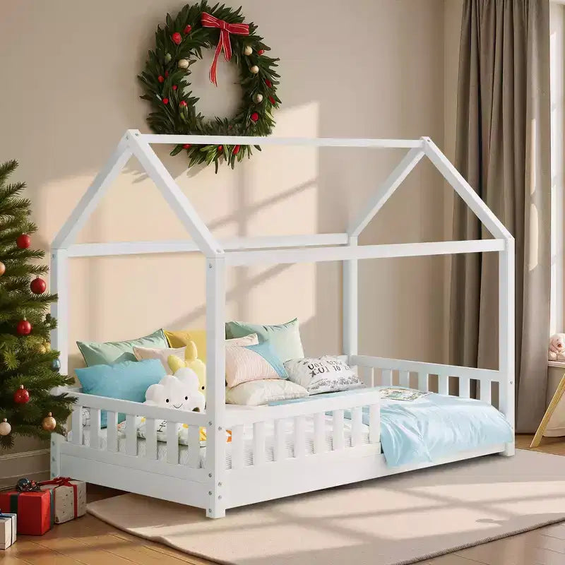AMERLIFE Twin Size House Bed for Kids with Guardrails, Removable Rails, Playhouse Roof, Montessori Wooden Floor Bed Frame, Easy Assembly