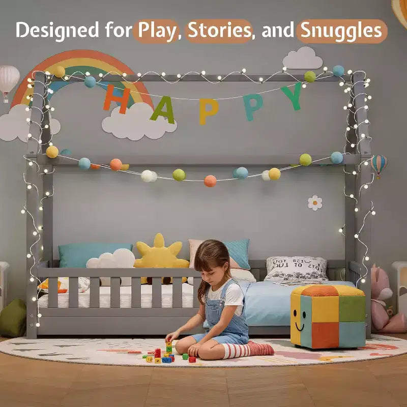 AMERLIFE Twin Size House Bed for Kids with Guardrails, Removable Rails, Playhouse Roof, Montessori Wooden Floor Bed Frame, Easy Assembly