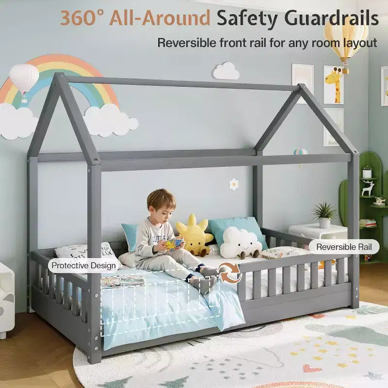 AMERLIFE Twin Size House Bed for Kids with Guardrails, Removable Rails, Playhouse Roof, Montessori Wooden Floor Bed Frame, Easy Assembly