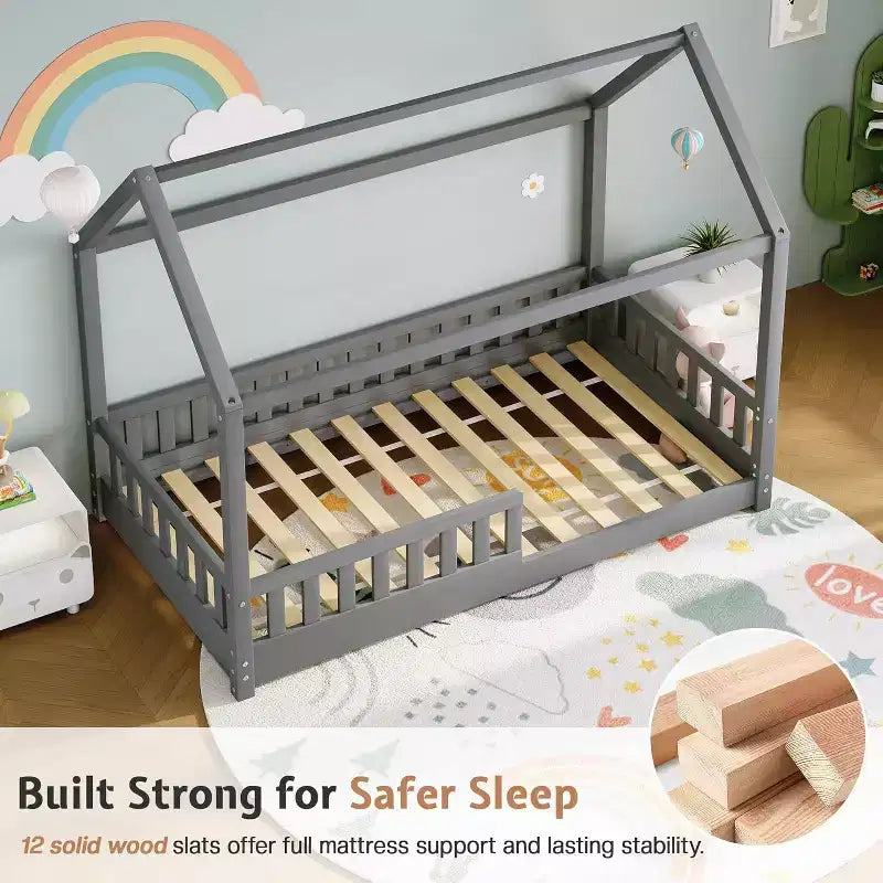 AMERLIFE Twin Size House Bed for Kids with Guardrails, Removable Rails, Playhouse Roof, Montessori Wooden Floor Bed Frame, Easy Assembly