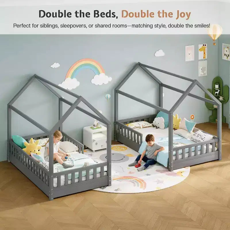AMERLIFE Twin Size House Bed for Kids with Guardrails, Removable Rails, Playhouse Roof, Montessori Wooden Floor Bed Frame, Easy Assembly