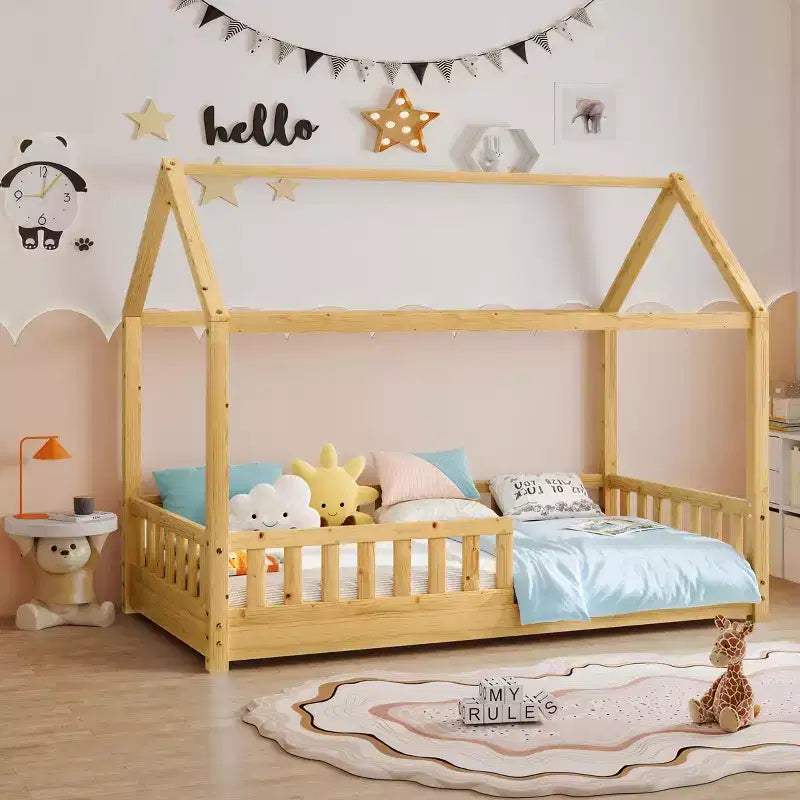 AMERLIFE Twin Size House Bed for Kids with Guardrails, Removable Rails, Playhouse Roof, Montessori Wooden Floor Bed Frame, Easy Assembly
