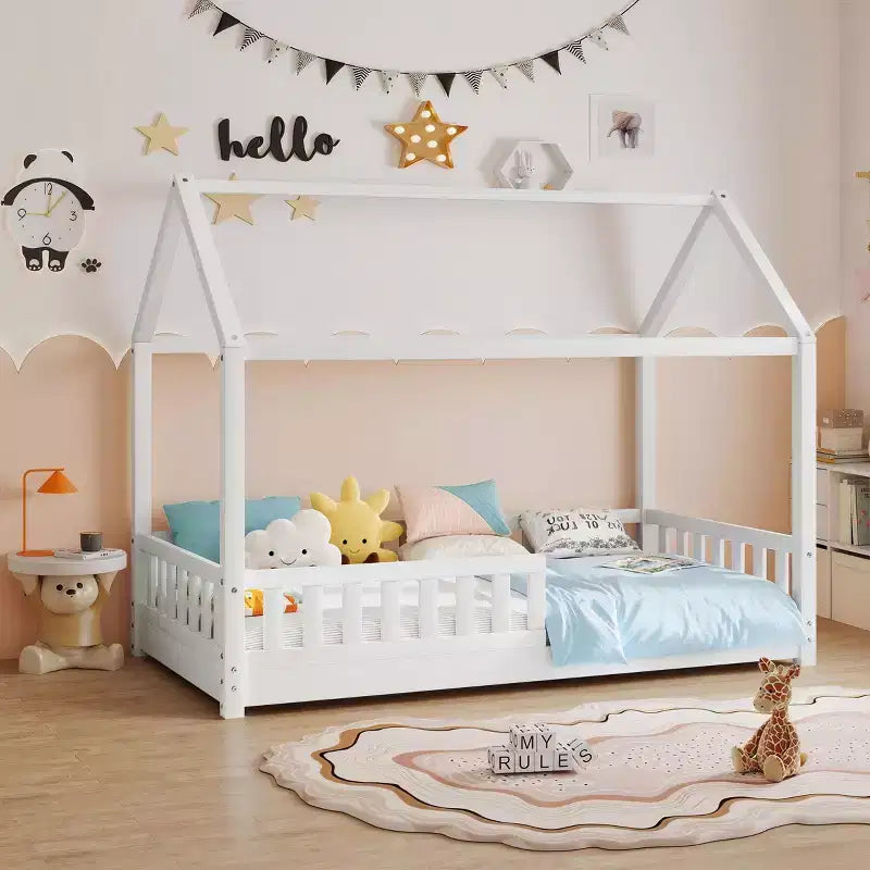AMERLIFE Twin Size House Bed for Kids with Guardrails, Removable Rails, Playhouse Roof, Montessori Wooden Floor Bed Frame, Easy Assembly