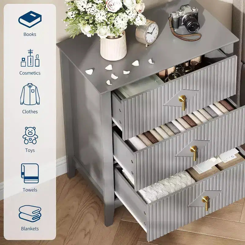 Acekool 27.6 3-Drawer Fluted Dresser, Modern Storage Organizer Cabinet with Deep Drawers