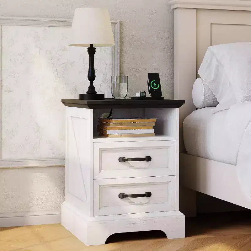 Farmhouse Bedside Table with 2 Drawers, Open Shelf, USB and Socket for Small Bedroom Space, 2 Pieces in a Set, Country Style