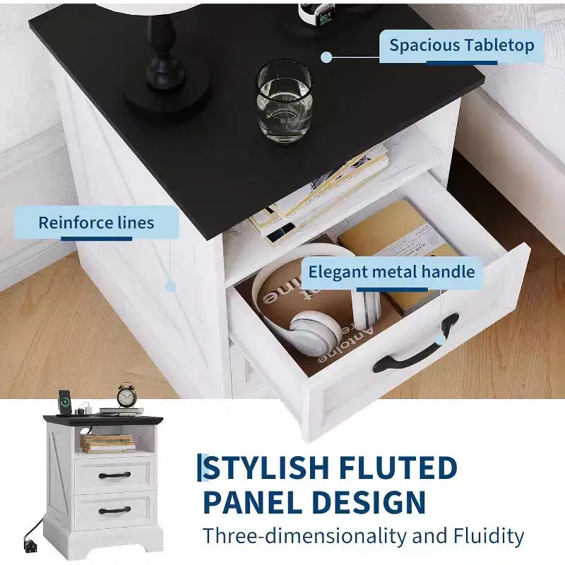 Farmhouse Bedside Table with 2 Drawers, Open Shelf, USB and Socket for Small Bedroom Space, 2 Pieces in a Set, Country Style