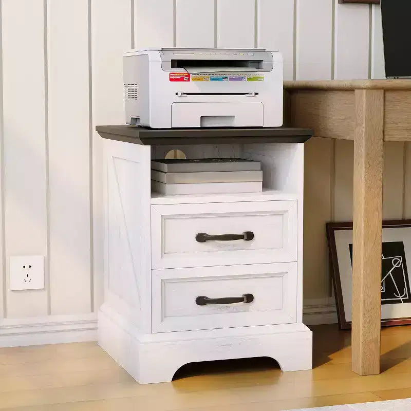 Farmhouse Bedside Table with 2 Drawers, Open Shelf, USB and Socket for Small Bedroom Space, 2 Pieces in a Set, Country Style
