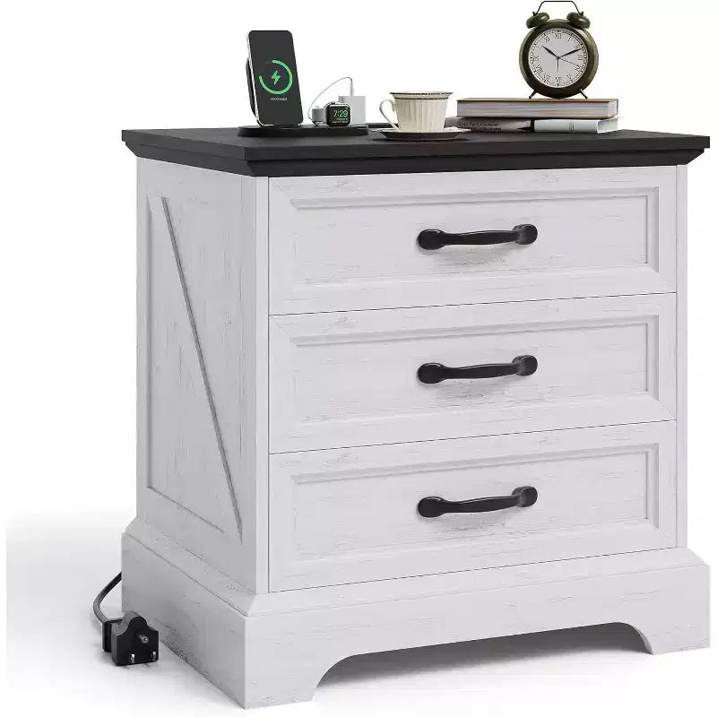 24-inch Wide Country-style Bedside Table and Side Table with a Charging Station and 3 Large Drawers, Small Space, White Side Table, One Pack
