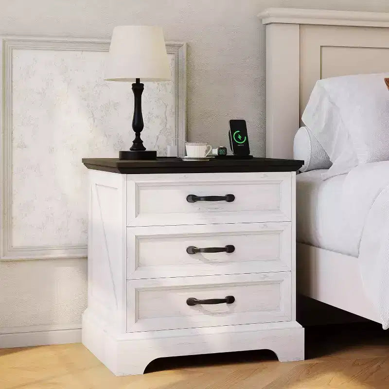 24-inch Wide Country-style Bedside Table and Side Table with a Charging Station and 3 Large Drawers, Small Space, White Side Table, One Pack