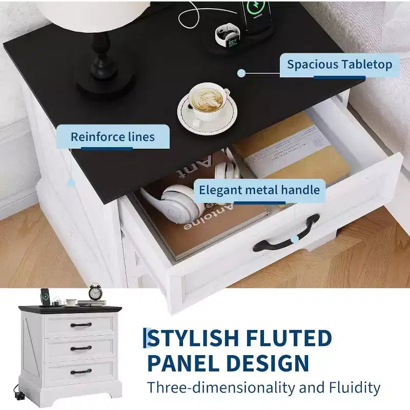 24-inch Wide Country-style Bedside Table and Side Table with a Charging Station and 3 Large Drawers, Small Space, White Side Table, One Pack