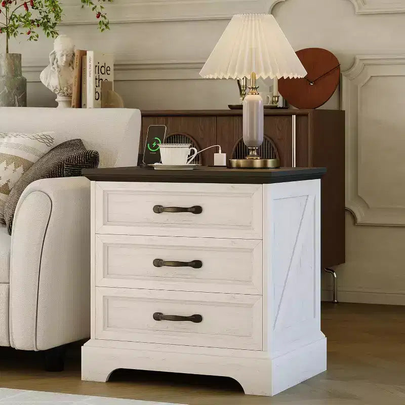 24-inch Wide Country-style Bedside Table and Side Table with a Charging Station and 3 Large Drawers, Small Space, White Side Table, One Pack